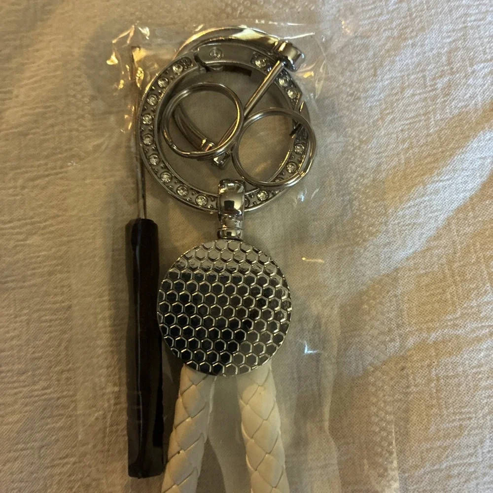 Tesla Keychain Ring White Braid With Rhinestones Emblem w/ Tool-Great Gift-NWT